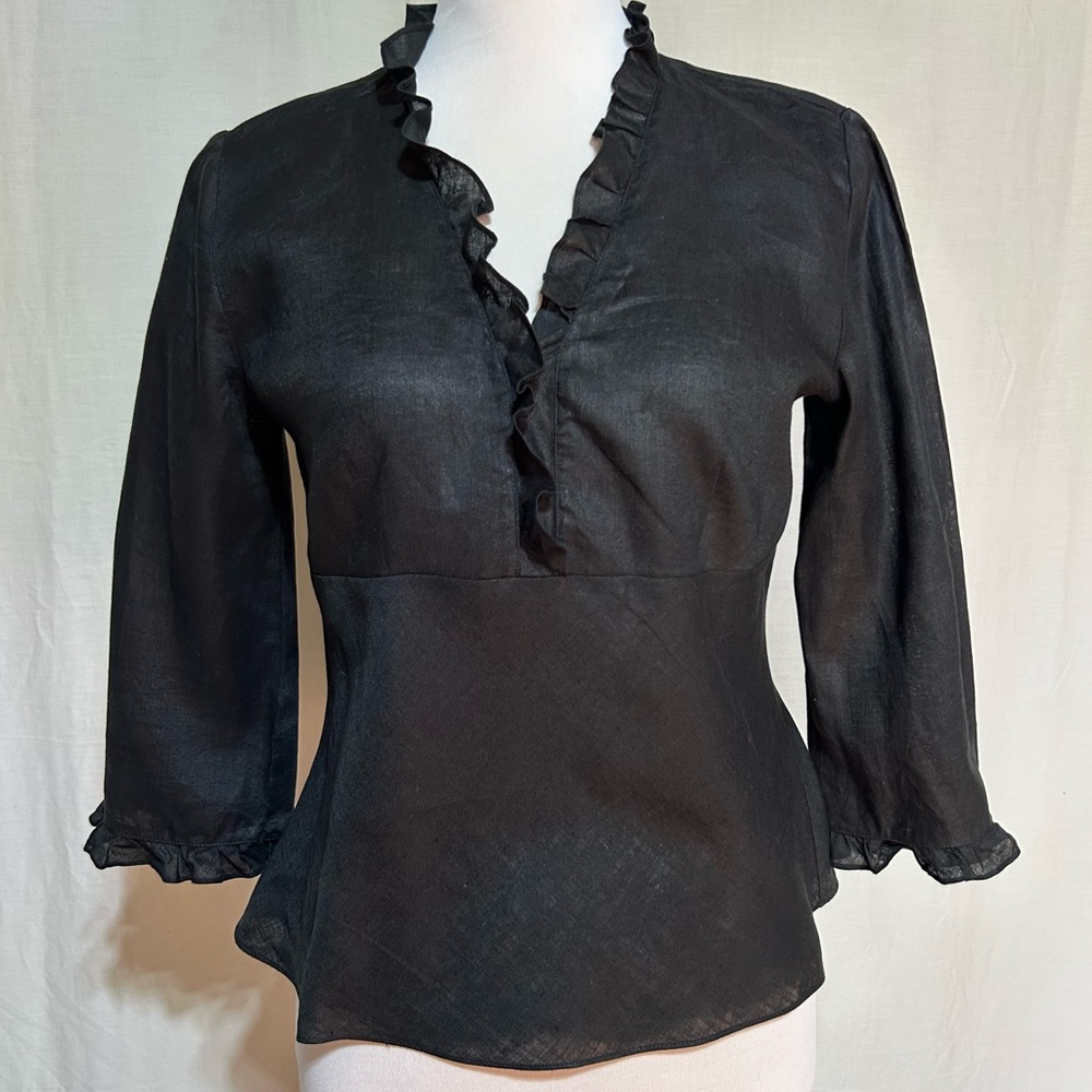 Ann Taylor Blue label Black linen Ruffle Trim Top 6P